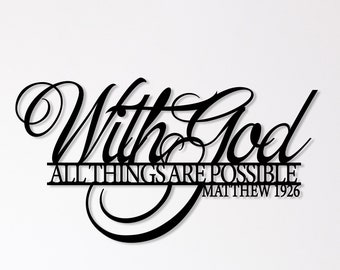 With God All Things Are Possible Metal Wall Sign, Religiosus Scripture Sign, Christian Words, Bible Verse Sign,Farmhouse Decor,Matthew 19:26