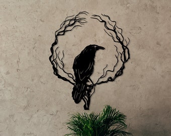 Metal Raven Wall Art, Birds on Branch Wall Decor, Metal Crow Wall Sign, Oggettistica per la casa dal design unico, Arte del corvo, Regalo amante della fauna selvatica, Corvo appeso