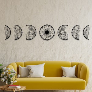 Flower Moon Phase Wall Decor, Moon Phase Metal Wall Art, Boho Above Bed Decor, Floral Moon Bedroom Wall Art, Housewarming Gift, Mom Gift