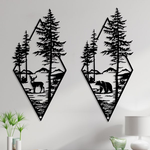 Metal Bear and Deer Forest Wall Art, Nature Metal Wall Art, Farmhouse Decor, Mountain Wall Decor, Wildlife Lover Gift, Outdoor Wall Hanging