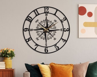 Modern Oversize Silent Wall Clock, Compass Large Clock, Unique Home Decor, Metal Wall Art Compass Horloge Murale, Bestseller Wall Clock