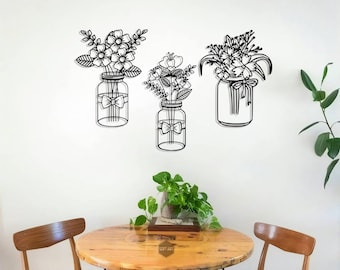 Flores Metall Wandkunst, Blume in Vase Metall Wandschild,Boho Stahl Wanddekoration,Küche Wohnzimmer Wanddekoration,Hauswärmer Geschenk