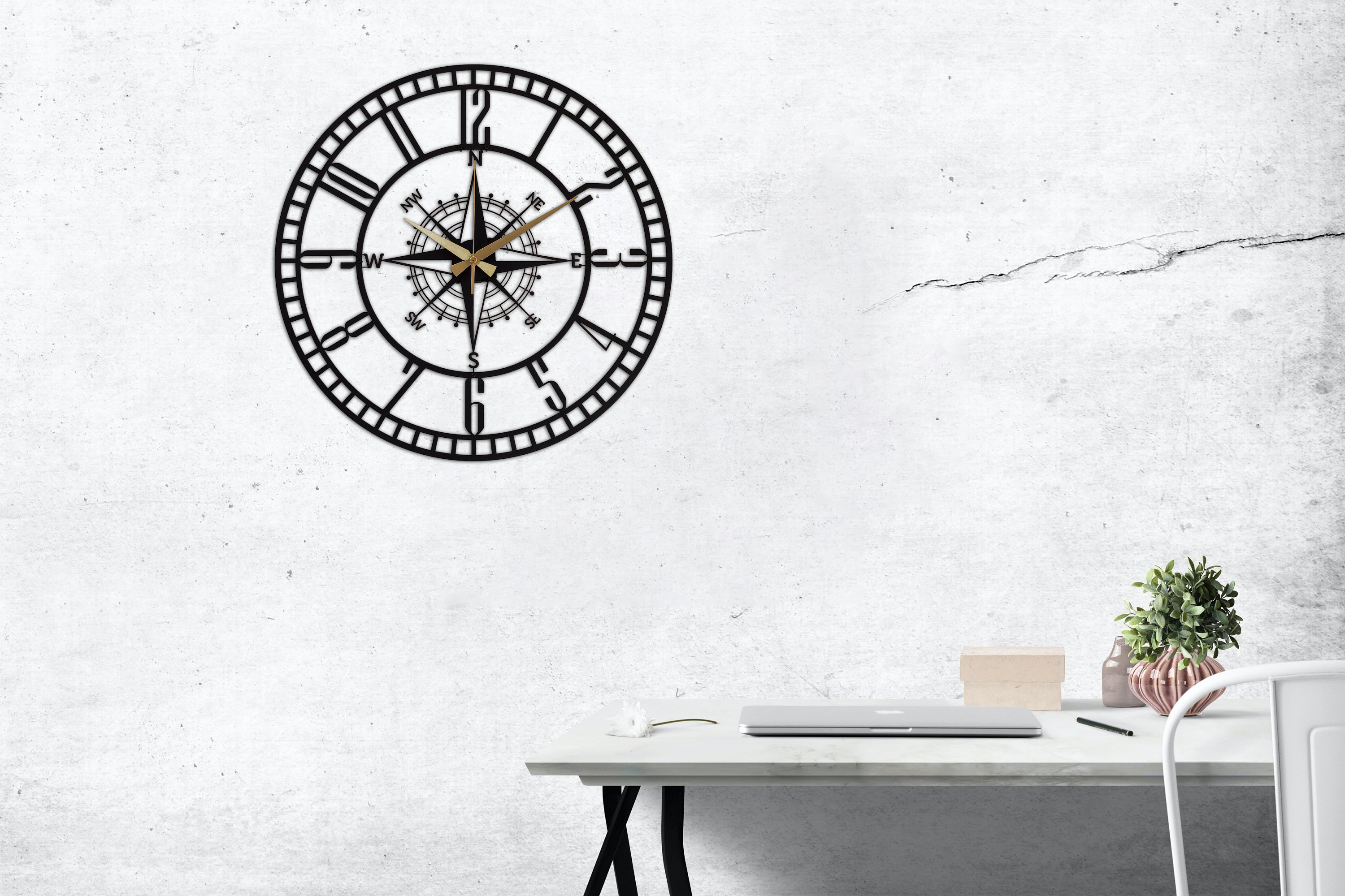 Black Compass Silent Oversize Clock Metal Large Wall Clock Etsy