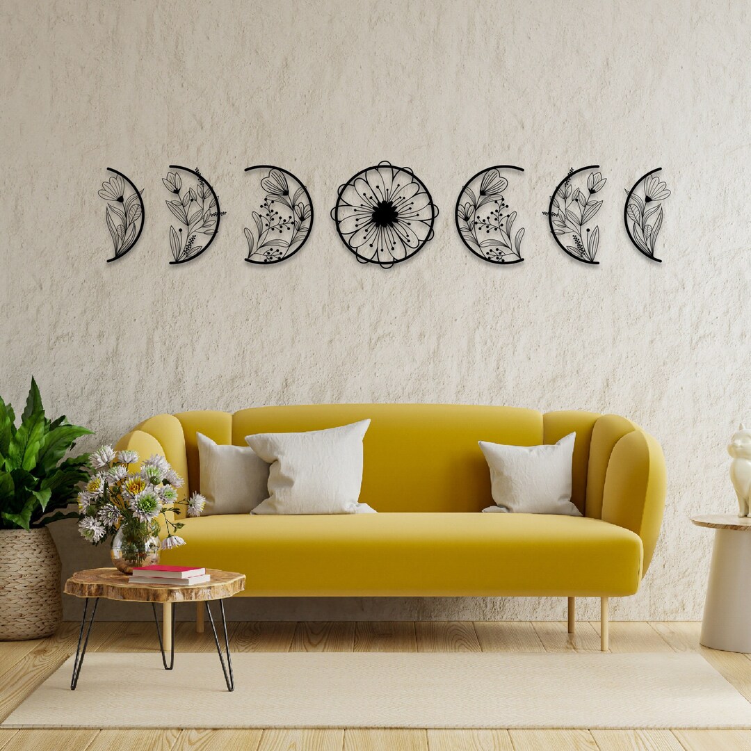 Flower Moon Phase Wall Decor, Moon Phase Metal Wall Art, Boho Above Bed