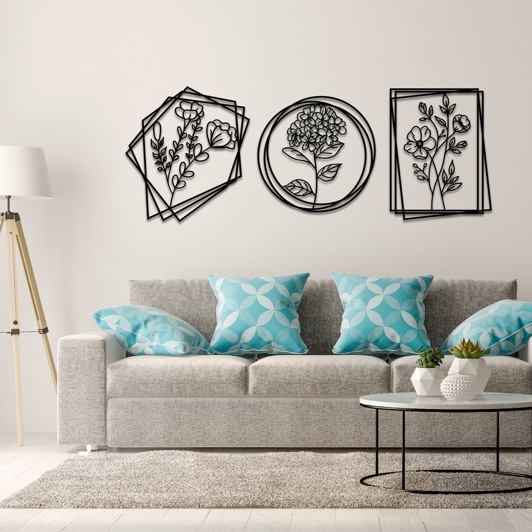 Modern Flower Wall Hangings, 3 Pieces Metal Wall Art, Metal Wall Sign