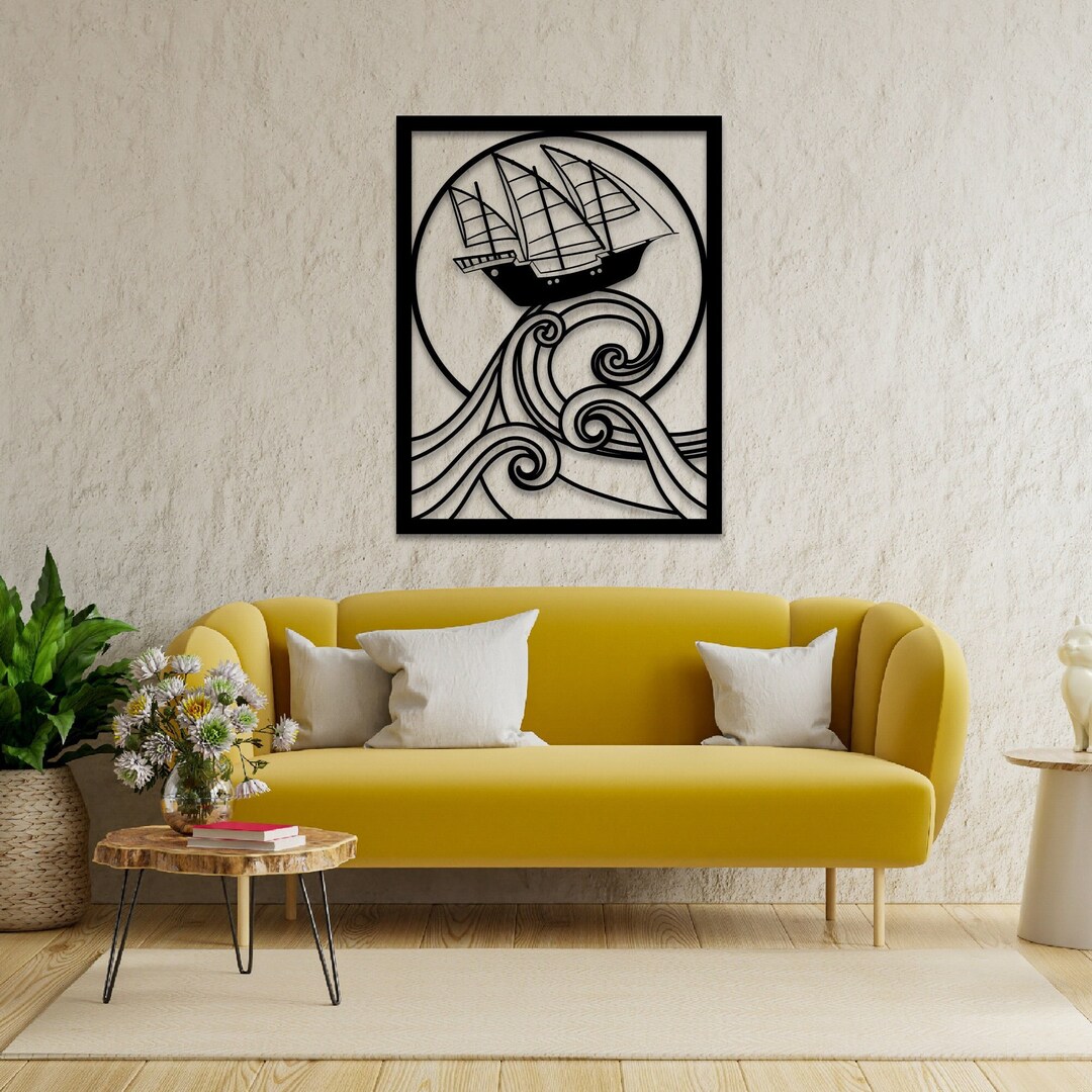 Ship and Wave Metal Wall Art,ship on Waves Metal Wall Decor, Boho Home
