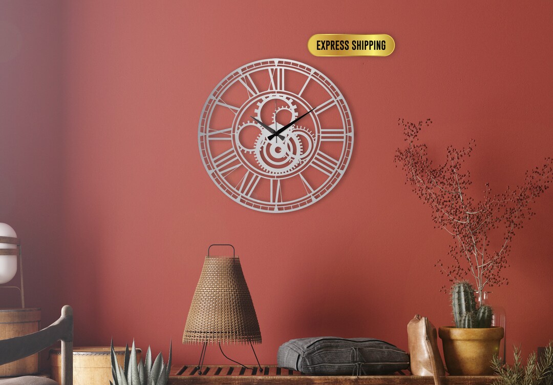 Silver Gear Oversize Clock, Metal Large Silent Wall Clock, Unique Art