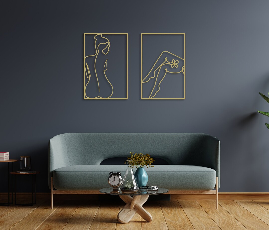Unique Female Body Wall Art Set of 2 Gold, Nude Woman Line Art, Large ...