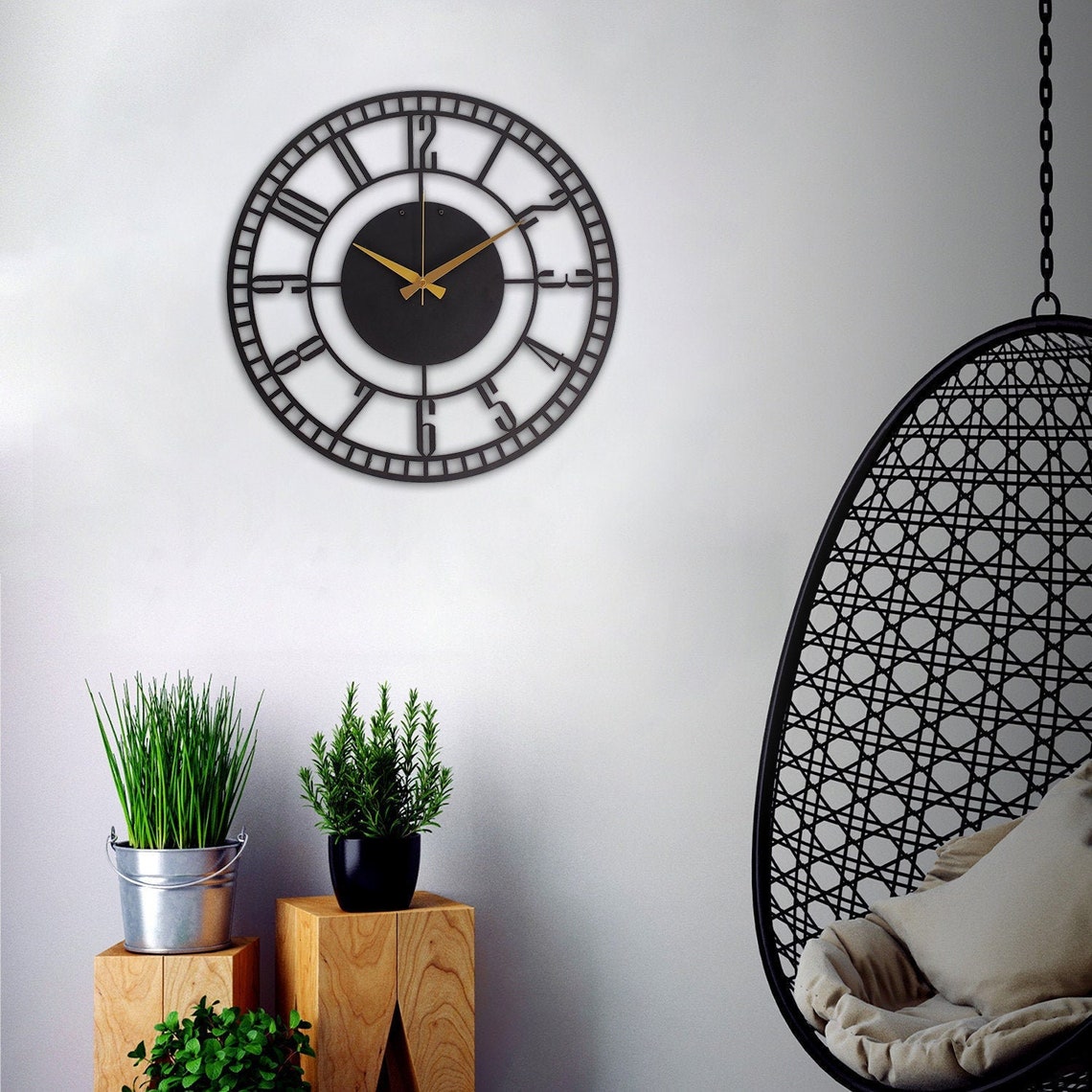 Black Minute Silent Oversize Clock Metal Large Wall Clock Etsy