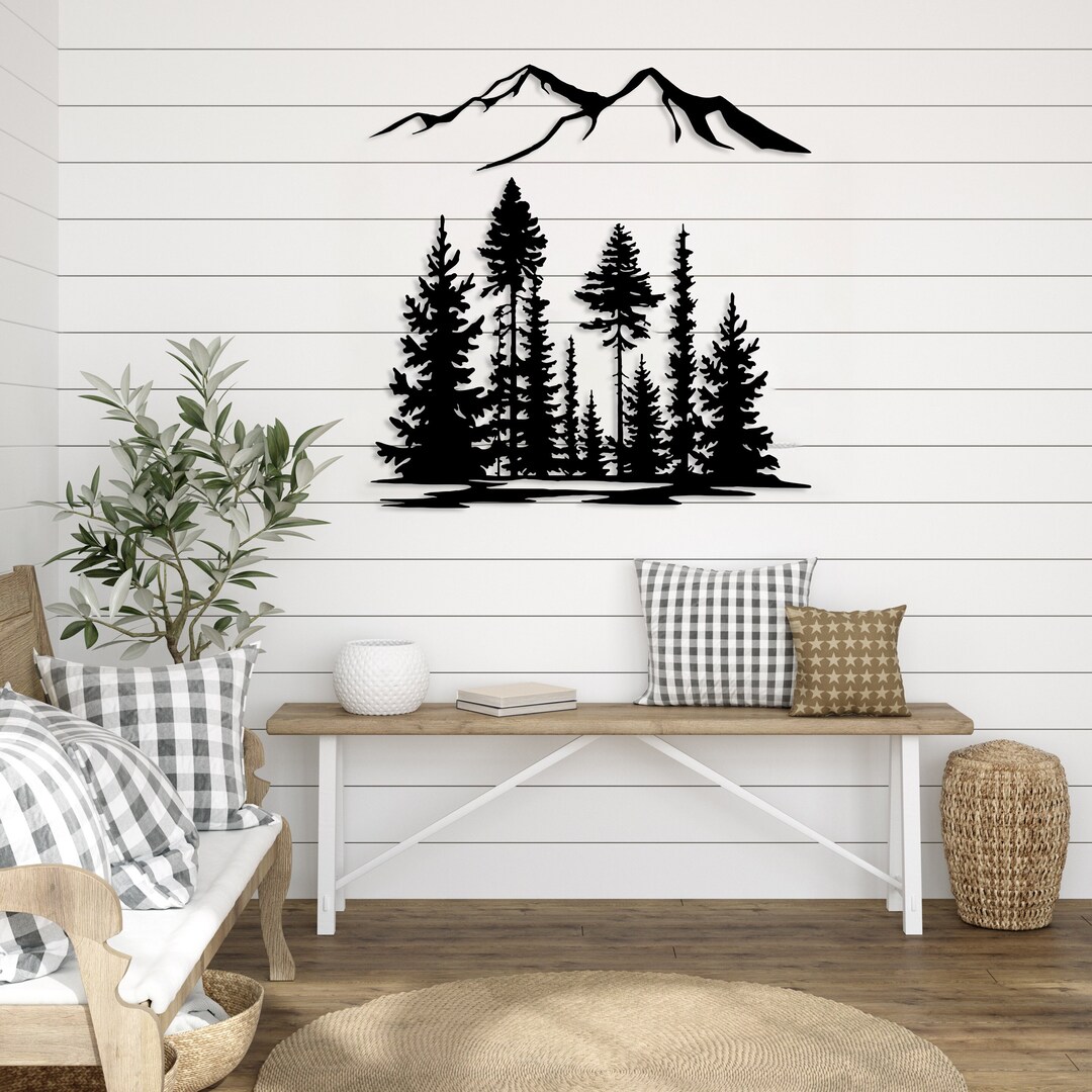 Mountain Metal Wall Decor, Extra Large Forest Wall Art, Outdoor Home
