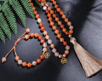 Orange Agate Japa Mala Beaded Necklace. Meditation and Yoga Rosary. Blessing Spirit Jewelry Set. 108 Mala and Lotus Pendant for Women.
