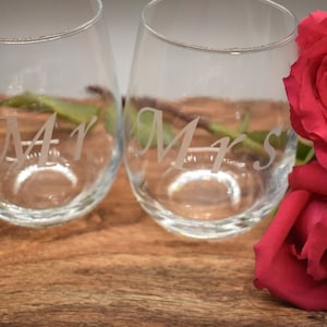 Mr. and Mrs. stemless wine glass