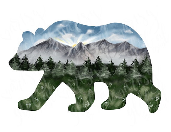 Bear silhouette with mountain scene, Bear clip art, mountain clip art, Mountains sublimation designs downloads png, jpeg or pdf