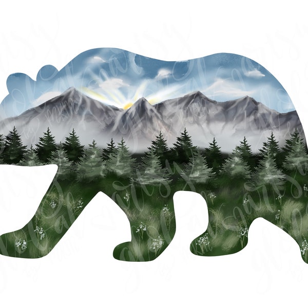 Bear silhouette with mountain scene, Bear clip art, mountain clip art, Mountains sublimation designs downloads png, jpeg or pdf