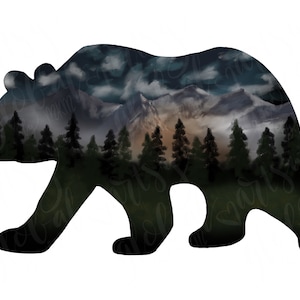Bear silhouette with mountain scene, Bear clip art, mountain clip art, Mountains sublimation designs downloads png, jpeg or pdf