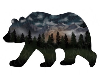 Silhouette d'ours avec scène de montagne, clipart d'ours, clipart de montagne, conceptions de sublimation de montagnes téléchargements png, jpeg ou pdf