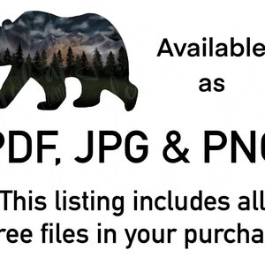Może przedstawiać: Czarna sylwetka niedźwiedzia z g&oacute;rskim krajobrazem w środku. Tekst "Dostępne jako PDF, JPG & PNG" znajduje się pod niedźwiedziem. Tekst "Ta oferta zawiera wszystkie trzy pliki w Twoim zakupie" znajduje się pod tekstem.