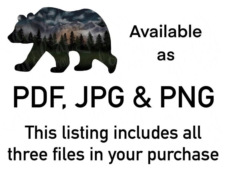 Może przedstawiać: Czarna sylwetka niedźwiedzia z g&oacute;rskim krajobrazem w środku. Tekst "Dostępne jako PDF, JPG & PNG" znajduje się pod niedźwiedziem. Tekst "Ta oferta zawiera wszystkie trzy pliki w Twoim zakupie" znajduje się pod tekstem.