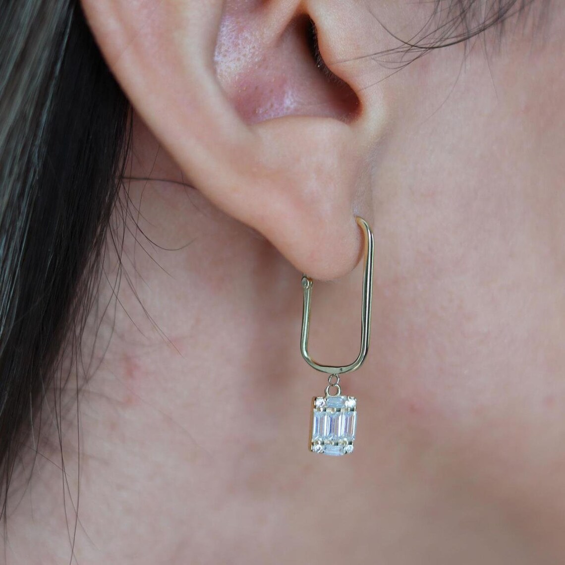 14K Solid Gold Paper Clip Earrings with Baguette Stone Gold Etsy