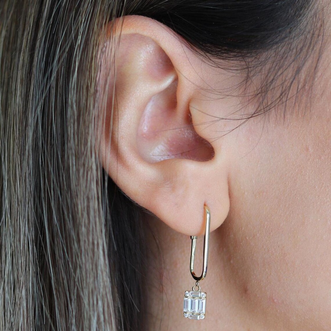 14K Solid Gold Paper Clip Earrings with Baguette Stone Gold Etsy