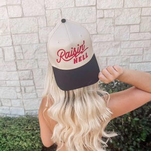 Raisin&#39; Hell Trucker Hat, Western Party Hat, Adjustable Mesh Cap, Country Concert Hat, Cowgirl Rodeo Hat, Summer 4th of July Cap