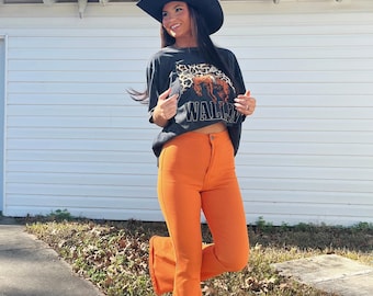 Fiona High Waisted Bell Bottom Jeans Orange, Stretchy Flare Jeans for Women, Butt Lifting Retro Denim, 70s Style Trendy Pants For Her