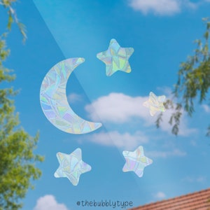 Paquete de luna y estrellas: calcomanías para ventanas que atrapan el sol, calcomanías para vidrio con forma de arcoíris, 9,5 x 10,5 cm
