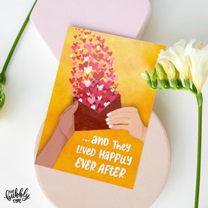 And They Live Happily Ever After A6 Greeting Card - Watercolour Hearts Design - Paper Card for Wedding Engagement Love Marriage