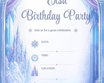 May include: A rectangular birthday party invitation featuring a blue and white ice castle theme. The text reads Elsa Birthday Party, Join us for a great celebration, DATE, TIME, LOCATION, and RSVP, with snowflake and clock icons.