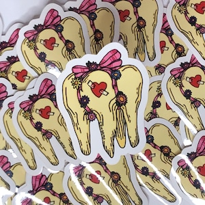 Sweet Tooth Sticker // Cute Waterproof Tooth Decal Sweet Bow Molar Decay Yellow Teeth Sticker Laptop Adorable Dental