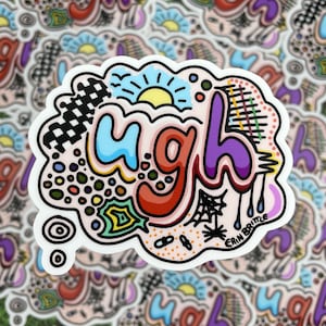 May include: A colorful sticker with the word "ugh" written in a playful, cartoon style. The sticker is filled with various patterns and designs, including a sun, a checkered pattern, and a spider web. The sticker is signed "Erin Brittle" in the bottom right corner.