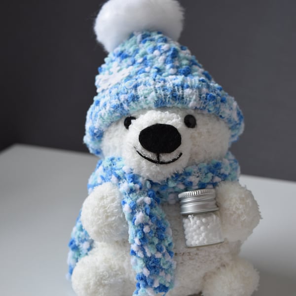 Winter Sock Polar Bear in Blue Hat and Scarf, Sock Polar Bear, Winter Decor, Tiered Tray Decor, Polar Bear Lover gift, Handmade Gift