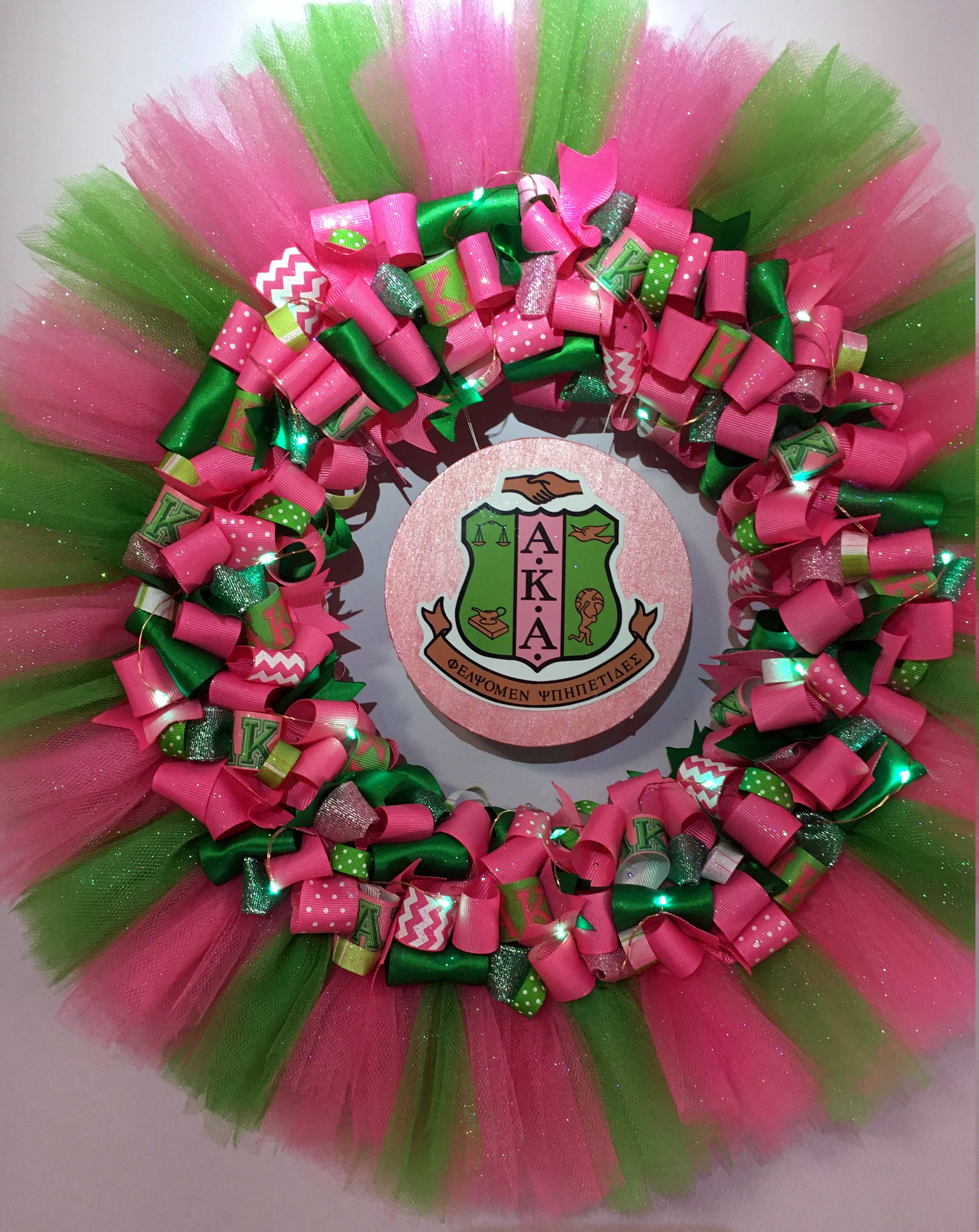 Handmade LED Pink and Green Sorority Inspired Ribbon Wreath Etsy