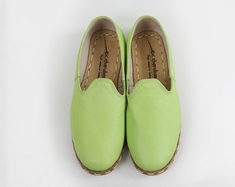 Pistachio Green Loafers from Genuine Leather with Natural DYE Classic Vibrant Slip On Shoes Flats Barefoot Round Toe Turkish Yemen Footwear