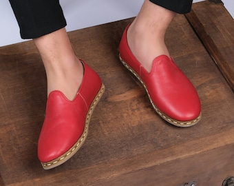 Mocasines de piel de becerro roja - Zapatos turcos unisex sin cordones