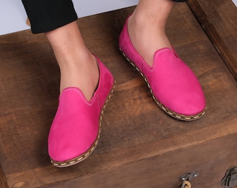 Handmade Suede Leather Loafers: Fuchsia Pink Turkish Yemen Shoes