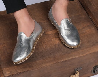 Silver Women SlipOns,Turkish Yemeni  Shoes,Handmade Leather Loafers , Barefoot Shoes , Women Shoes , Grounding Shoes , Natural , Organic Dye