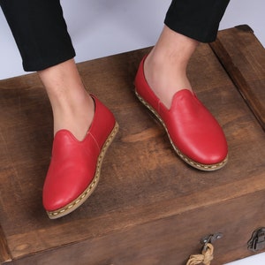 Red Loafers from Genuine Calfskin Leather Unisex Style Men Woman Casual Everyday Shoes Elegant Colorful Slip On Turkish Yemen Footwear