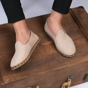 Leather Flats in Beige Color Natural Casual Everyday Barefoot Slip On Shoes with Round Toe Classic Loafers Women Turkish Yemen Footwear