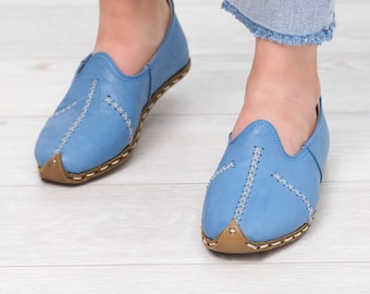 Mocassini Barefoot in pelle blu cielo fatti a mano - Scarpe da terra da donna