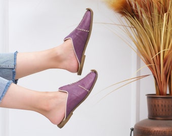 Mules de piel morada hechas a mano – Zapatos turcos sin cordones