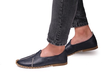 Mens Navy Leather Yemeni Shoes - Handmade Barefoot Loafers