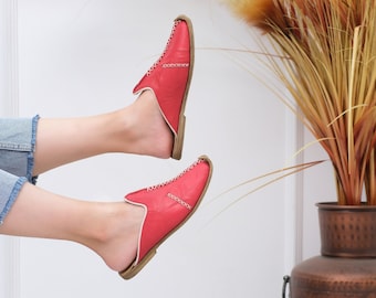 Handmade Red Leather Turkish Slippers, Yemeni Shoes, Organic Loafers