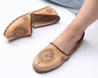 Handmade Turkish Leather Yemeni Shoes, Women's Barefoot Loafers