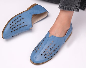 Mens Blue Turkish Loafers – Handmade Organic Dye Leather Shoes