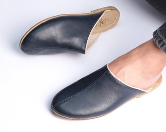 Marinblå turkiska lädertofflor för män - Handgjorda slip-ons