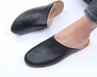 Men's Black Turkish Leather Slippers - Handmade Slip-Ons