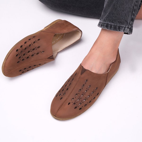 Chaussures turques BRUN FONCÉ - Chaussures yéménites turques brunes - Chaussures pieds nus en cuir - Chaussures yéménites turques - Mocassins pour hommes - Chaussure à semelle en cuir