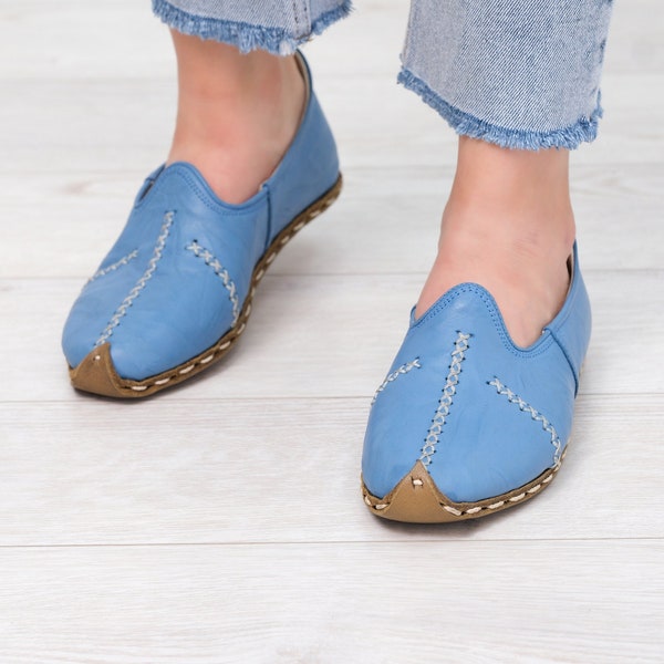 Artisanal Sky Blue Leather Barefoot Loafers - Women's Handmade Grounding Shoes for Natural Comfort, Shoes Women, Gift for Her