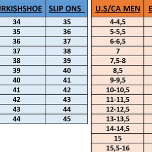 May include: A chart comparing shoe sizes for women and men in US/CA, UK, Europe, Turkish Shoe, and Slip Ons. The chart includes measurements in inches and centimeters.